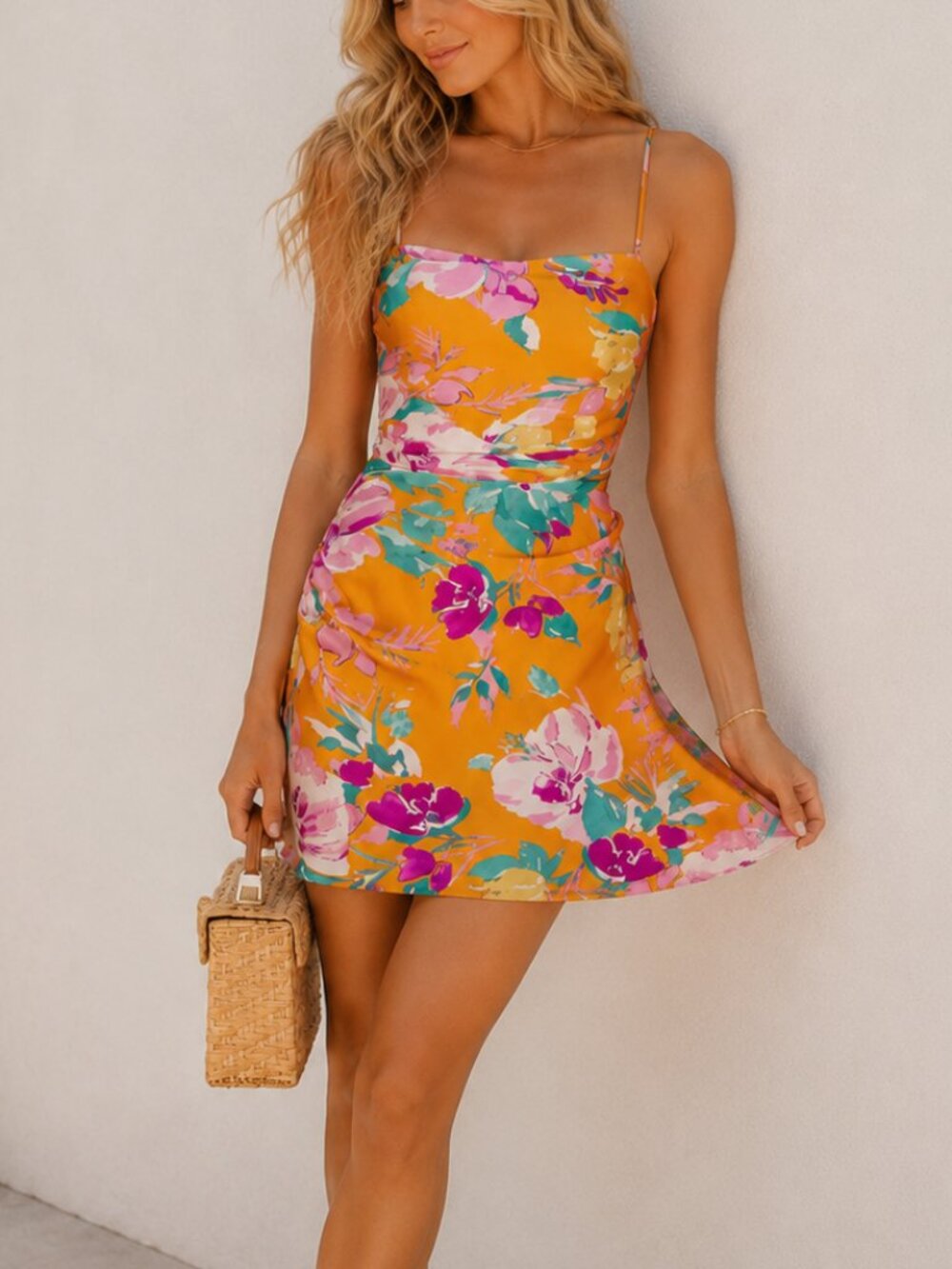 Astr Floral Mini Dress in Mustard with Pink & Teal Accents